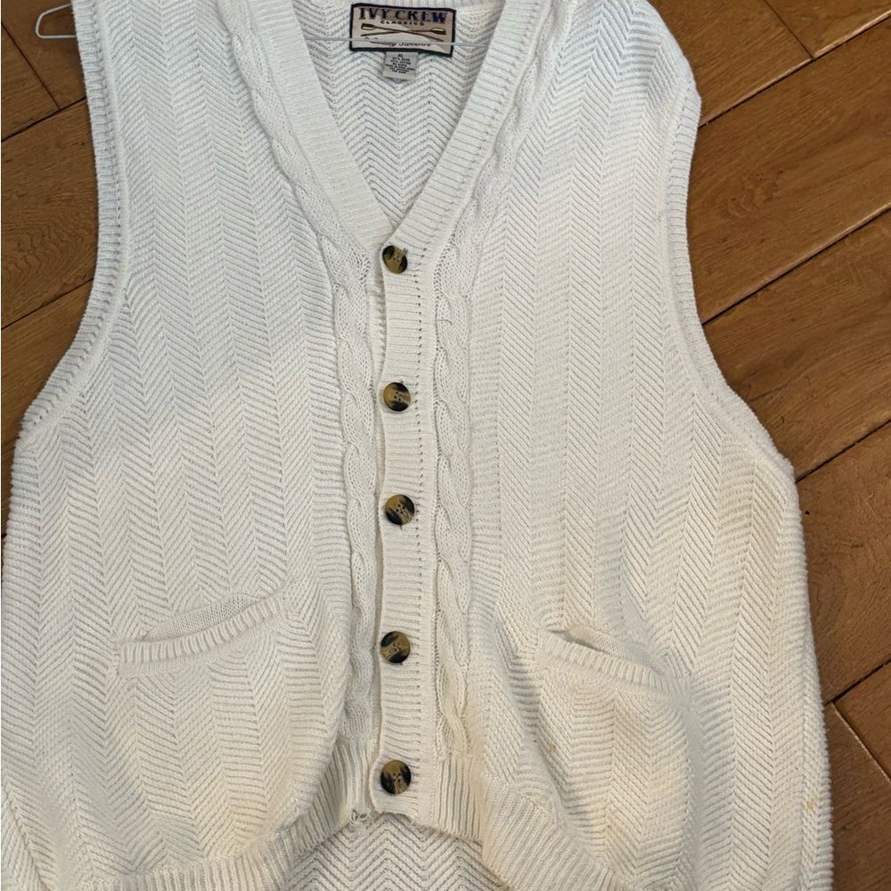 Vintage Ivy Crew White Knit Sleeveless Button Up Sweater Cardigan Sweater Vest